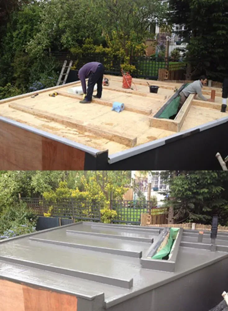 Before and after view of a modern flat roof being installed, showing the plywood deck and timber battens with workers, then the finished seamless grey GRP fibreglass or liquid flat roof.